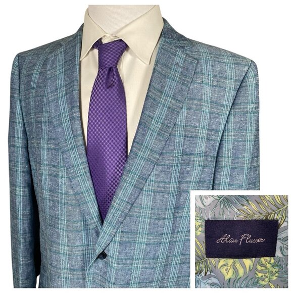 Alan Flusser Linen Rayon Blend Sport Coat Men 44L Blue Plaid Check Blazer Jacket - Picture 1 of 15